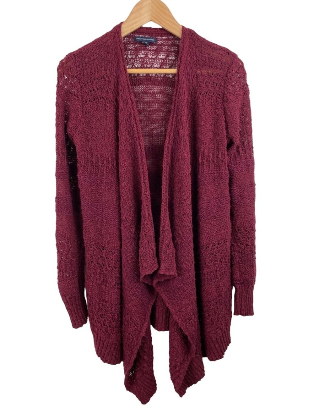 American Eagle Womens Size Medium Burgundy Open Front/Open Knit Cardigan Sweater